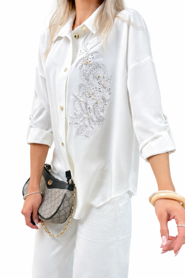 Koszula damska motyw kwiatowy ecru elegancka luźna do pracy